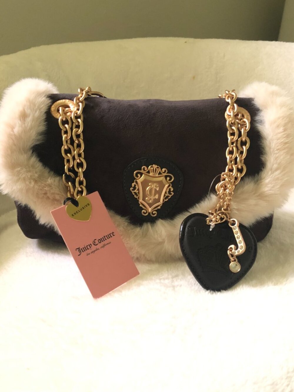 JUICE COUTURE Chocolate Suede & Beige Fur Handbag with Gold Strap